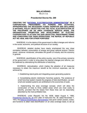 pd 269 as amended by ra 10531|Solons seek to amend PD 269 creating the National Electrification .